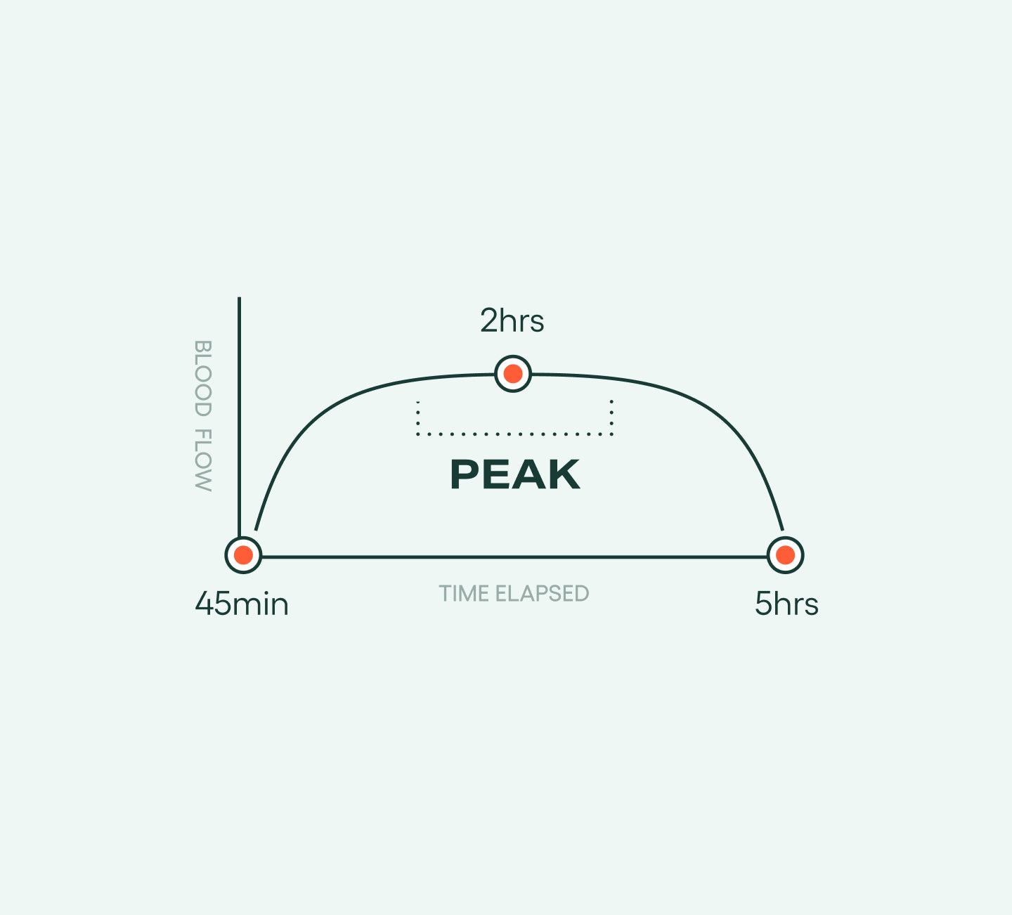 Blood flow starts at 45 minutes, peaks at 2 hours and lasts up to 5 hours